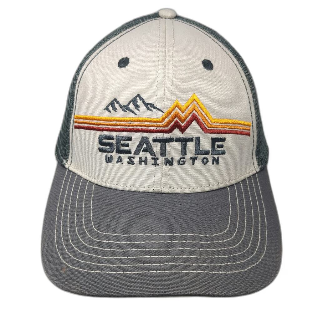 Mountain Trucker Hat Gray One Size Seattle Washington Retro Stripe Mesh Snapback
